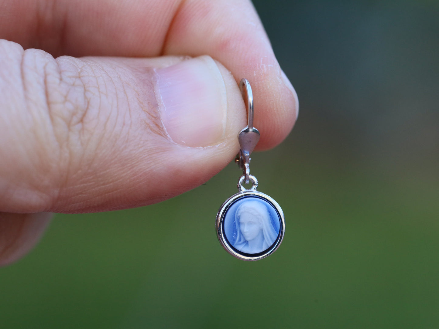 Dainty Virgin Mary Cameo Earrings for Catholic Women - Sterling Silver & Agate - Rhodium Plated, 8 mm small cameo earrings for teenage girl