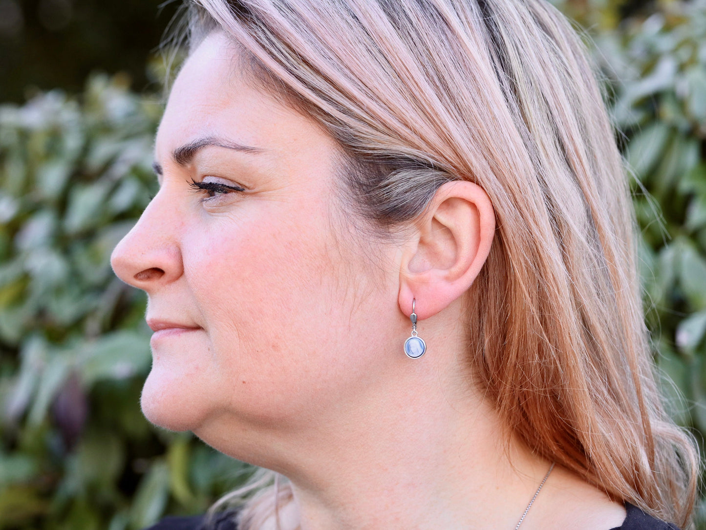 Dainty Virgin Mary Cameo Earrings for Catholic Women - Sterling Silver & Agate - Rhodium Plated, 8 mm small cameo earrings for teenage girl