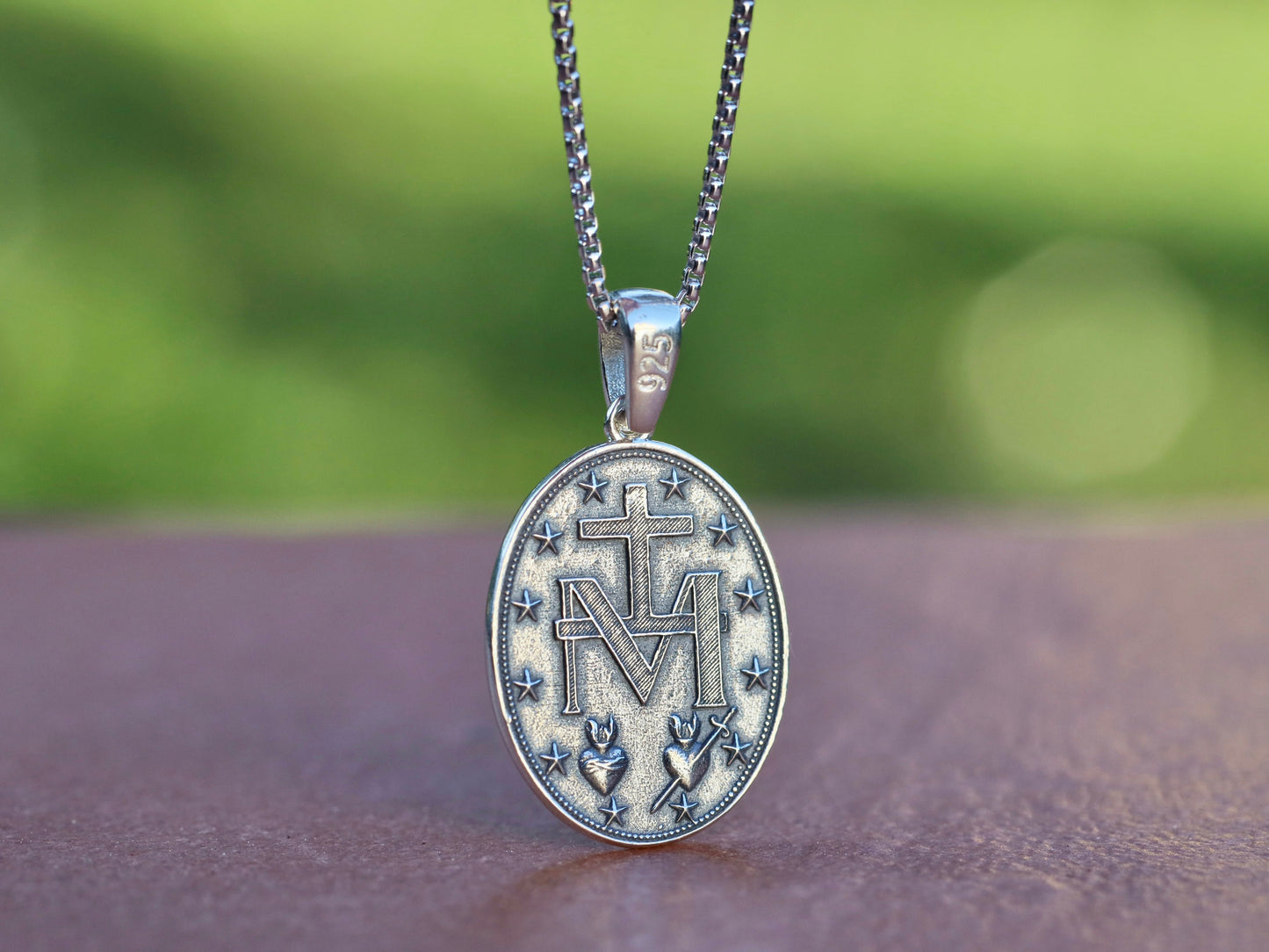 Medalla milagrosa para hombre de tamaño mediano, ovalada Medalla Milagrosa de plata de ley 925, Medalla Milagrosa para adolescente oxidada de 22 mm