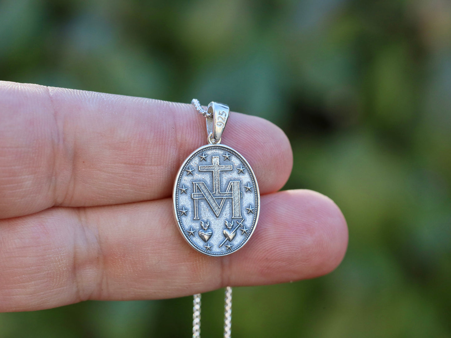Medalla milagrosa para hombre de tamaño mediano, ovalada Medalla Milagrosa de plata de ley 925, Medalla Milagrosa para adolescente oxidada de 22 mm