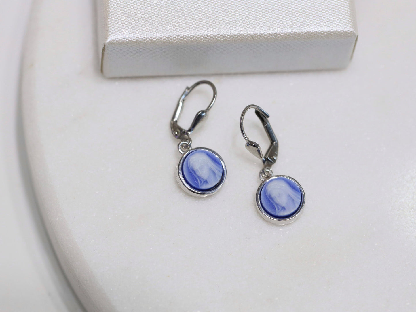 Dainty Virgin Mary Cameo Earrings for Catholic Women - Sterling Silver & Agate - Rhodium Plated, 8 mm small cameo earrings for teenage girl