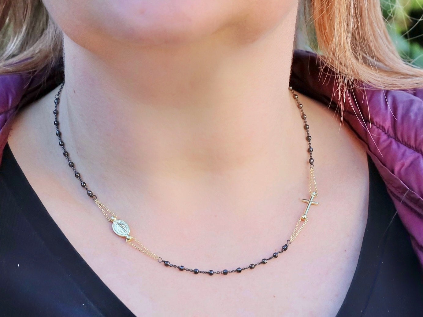 Impresionante collar de rosario católico con 3 décadas, cruz de oro y medalla milagrosa - plata de ley hecha a mano, collar de rosario redondo para mujer