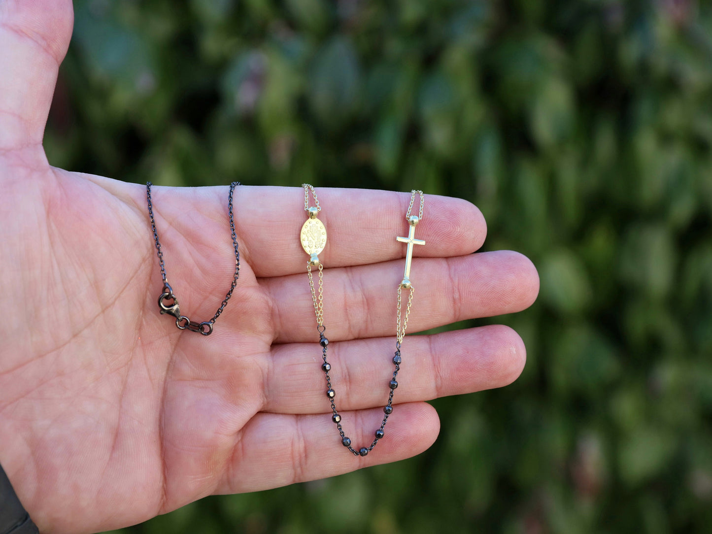 Impresionante collar de rosario católico con 3 décadas, cruz de oro y medalla milagrosa - plata de ley hecha a mano, collar de rosario redondo para mujer