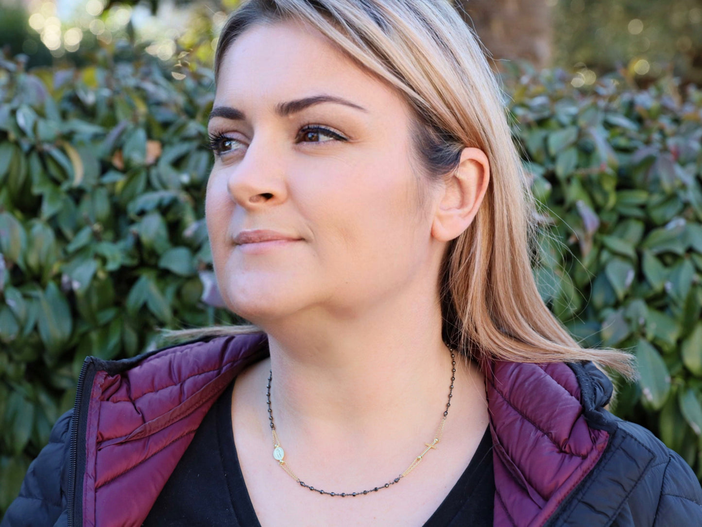 Impresionante collar de rosario católico con 3 décadas, cruz de oro y medalla milagrosa - plata de ley hecha a mano, collar de rosario redondo para mujer