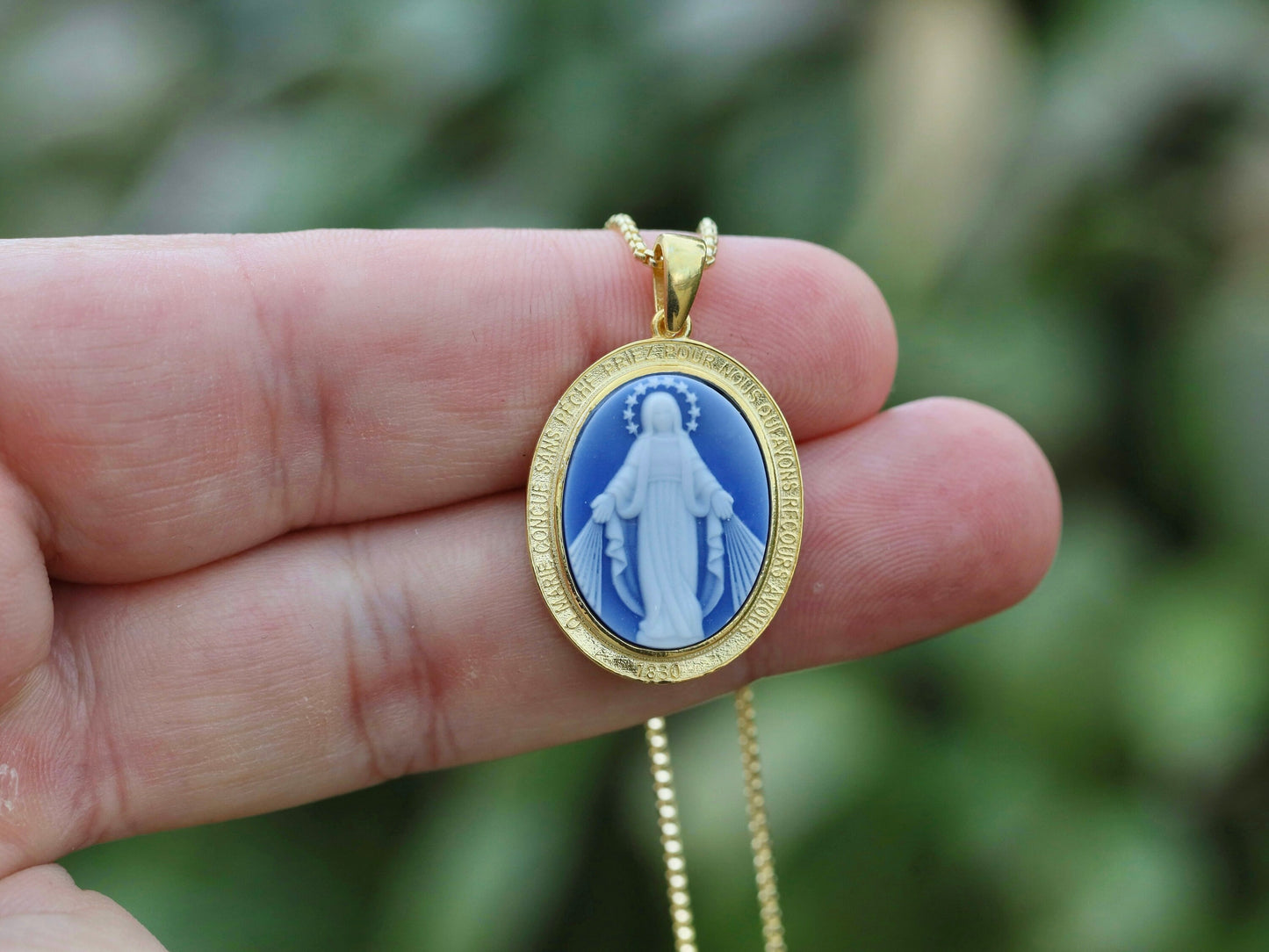 Colgante Cameo Medalla Milagrosa de tamaño mediano, plata de ley 925 18K chapado en oro colgante Virgen María, colgante Nuestra Señora para mujer católica