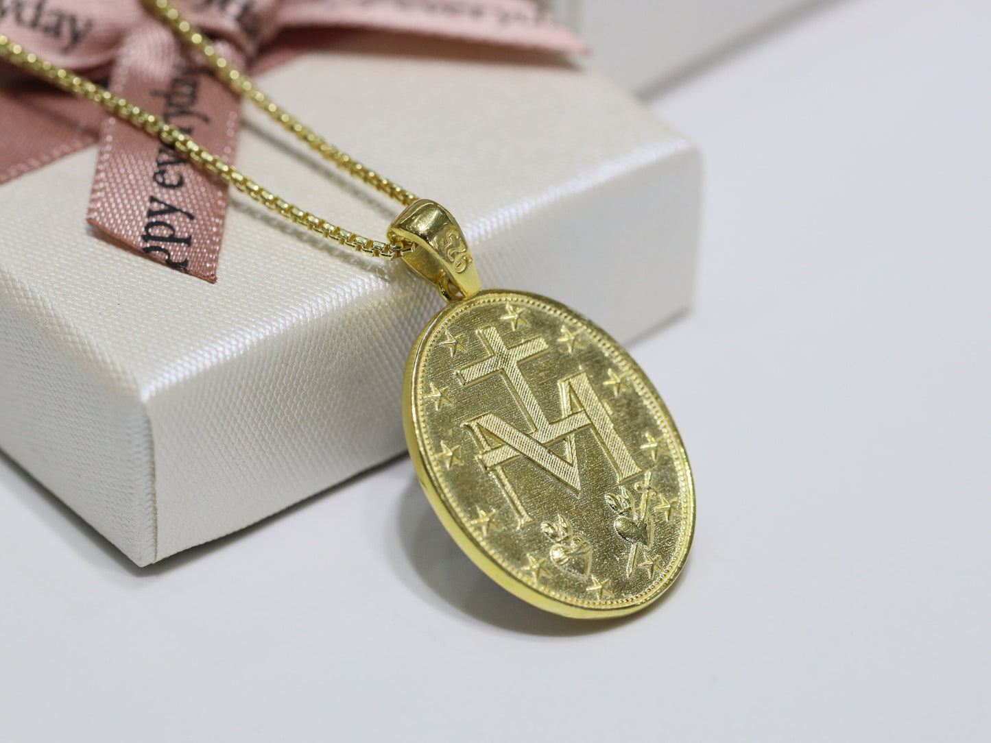Colgante Cameo Medalla Milagrosa de tamaño mediano, plata de ley 925 18K chapado en oro colgante Virgen María, colgante Nuestra Señora para mujer católica