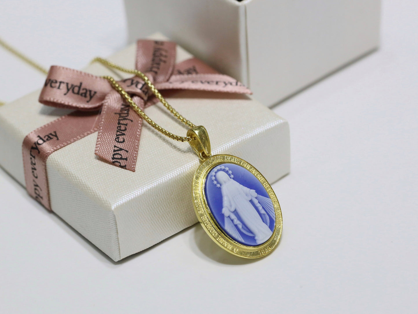 Colgante Cameo Medalla Milagrosa de tamaño mediano, plata de ley 925 18K chapado en oro colgante Virgen María, colgante Nuestra Señora para mujer católica
