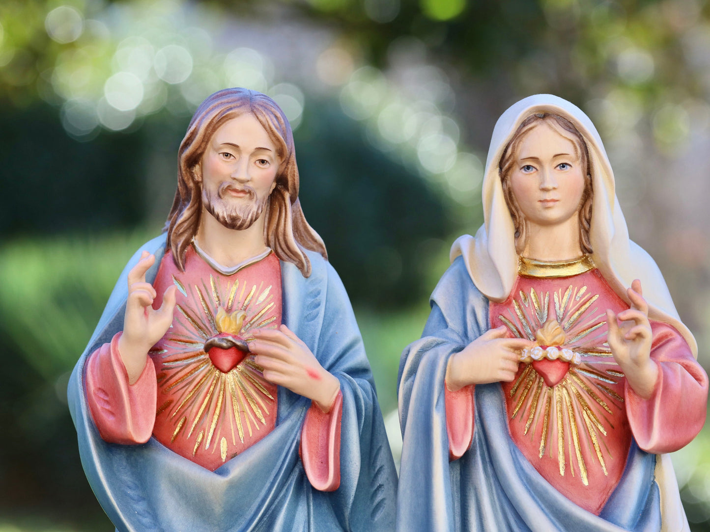 Estatua hecha a mano del Sagrado Corazón de Jesús y el Inmaculado Corazón de la Virgen María - 34 cm-13,4 pulgadas, pintada a mano, hecha de madera de tilo suave
