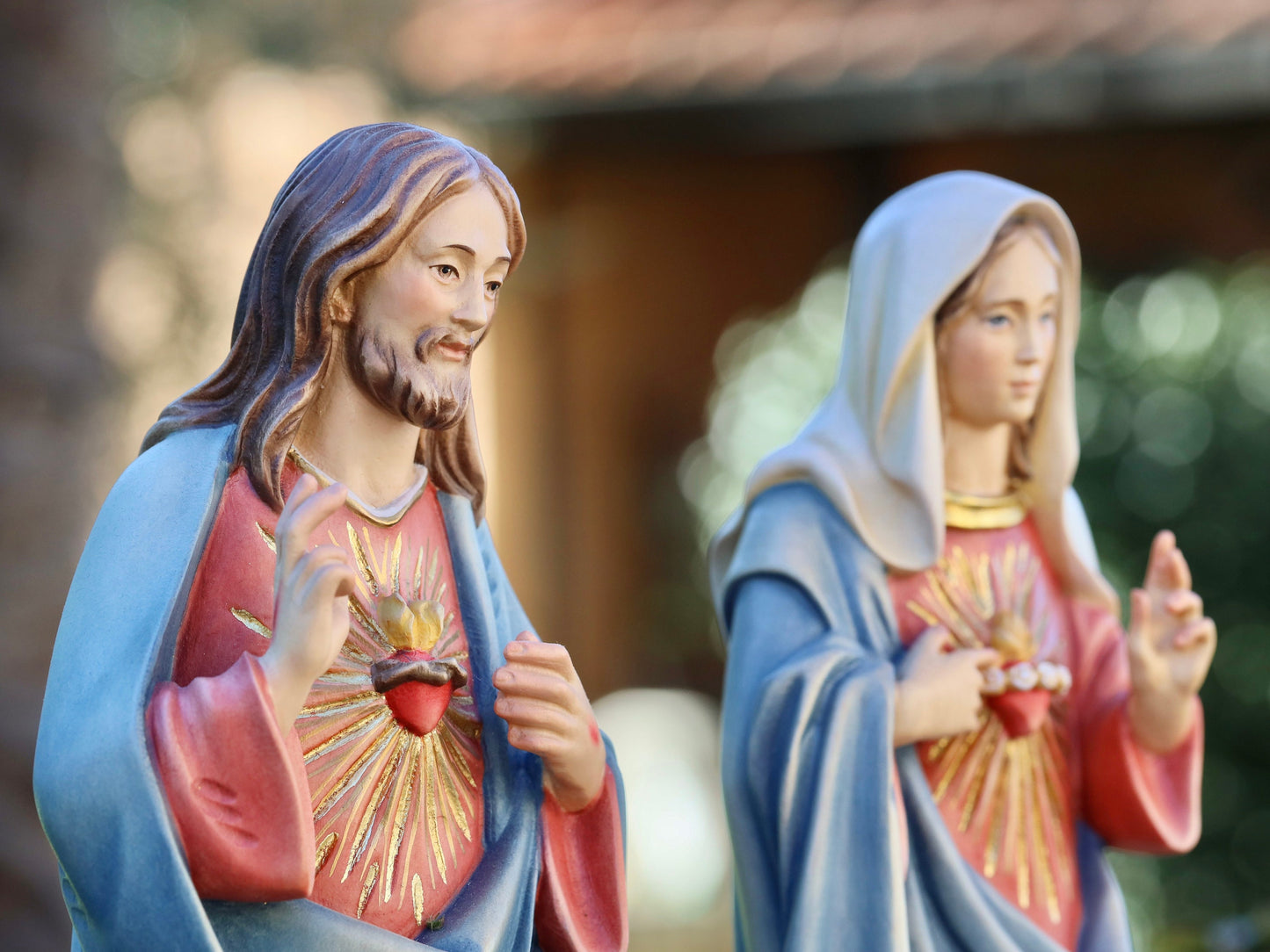 Estatua hecha a mano del Sagrado Corazón de Jesús y el Inmaculado Corazón de la Virgen María - 34 cm-13,4 pulgadas, pintada a mano, hecha de madera de tilo suave
