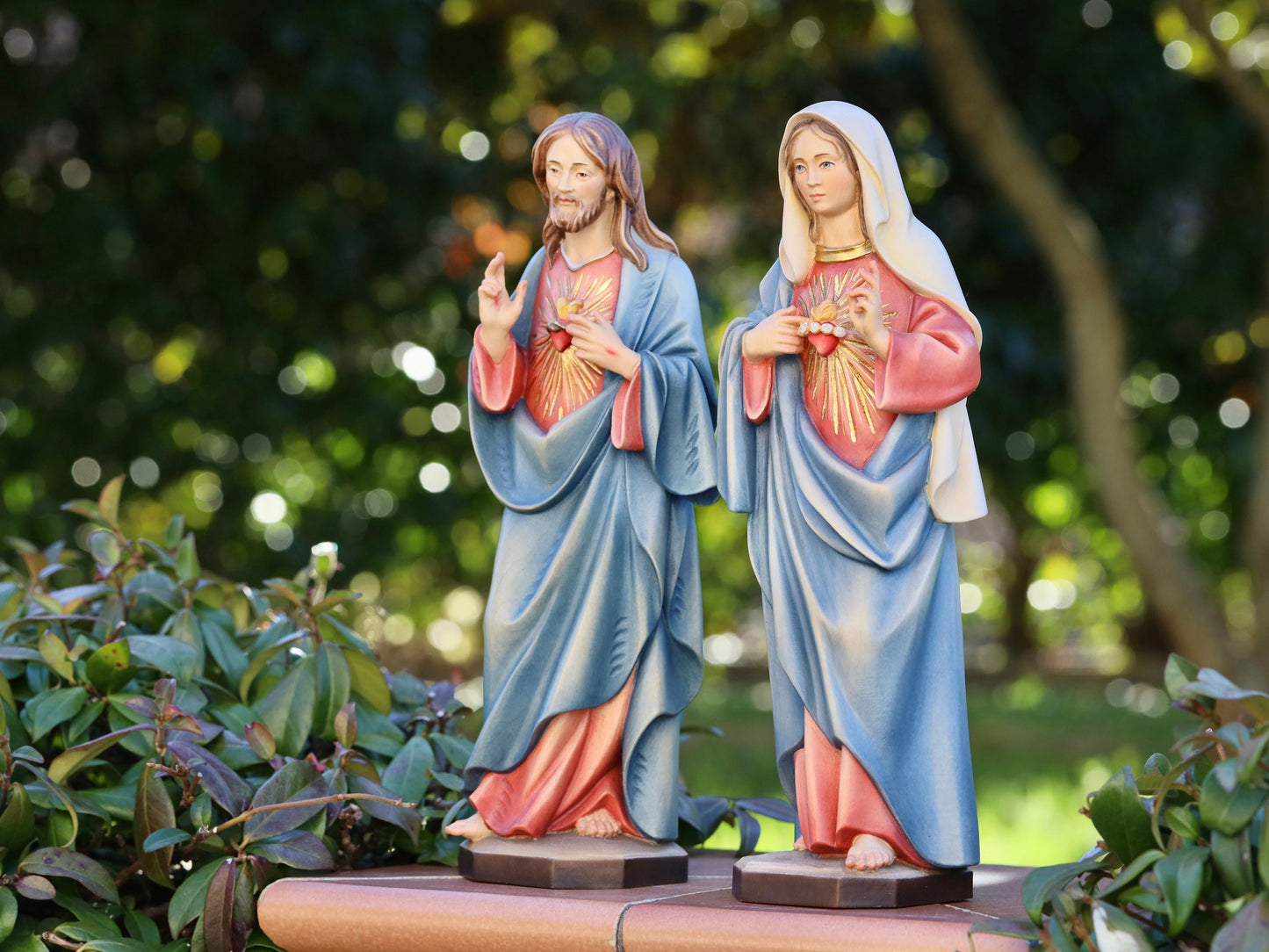 Estatua hecha a mano del Sagrado Corazón de Jesús y el Inmaculado Corazón de la Virgen María - 34 cm-13,4 pulgadas, pintada a mano, hecha de madera de tilo suave
