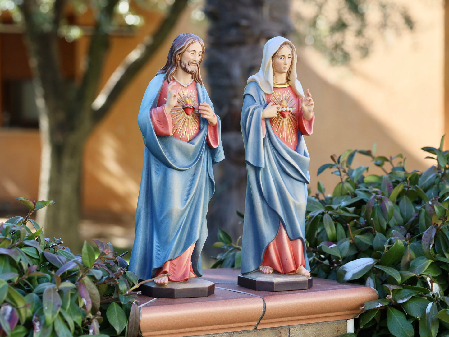 Estatua hecha a mano del Sagrado Corazón de Jesús y el Inmaculado Corazón de la Virgen María - 34 cm-13,4 pulgadas, pintada a mano, hecha de madera de tilo suave