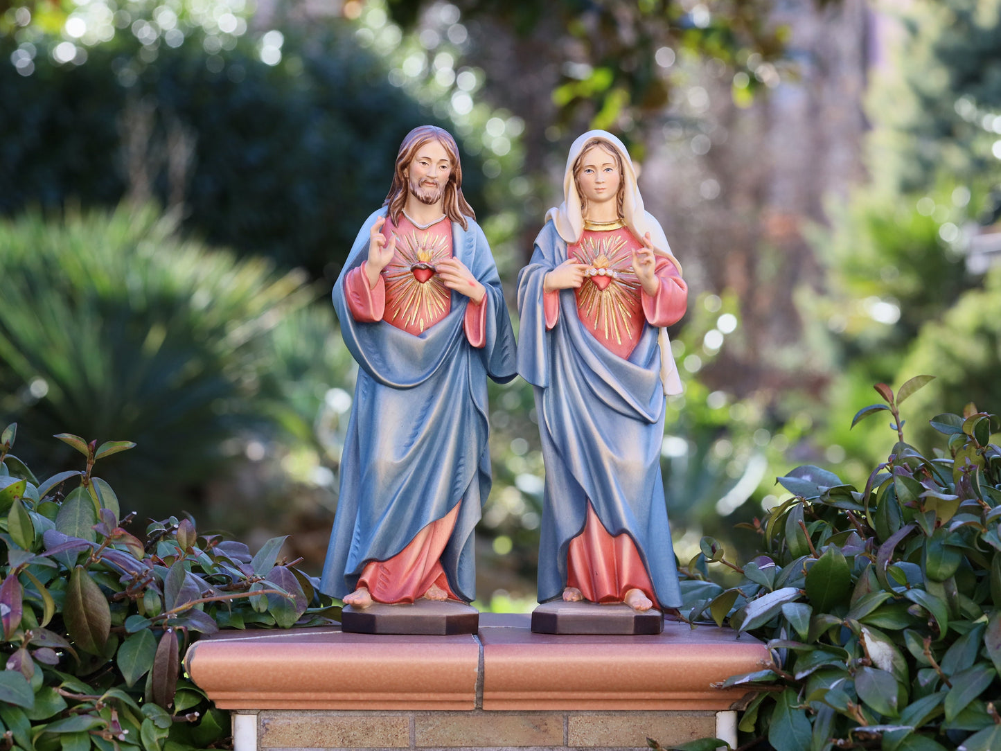 Estatua hecha a mano del Sagrado Corazón de Jesús y el Inmaculado Corazón de la Virgen María - 34 cm-13,4 pulgadas, pintada a mano, hecha de madera de tilo suave