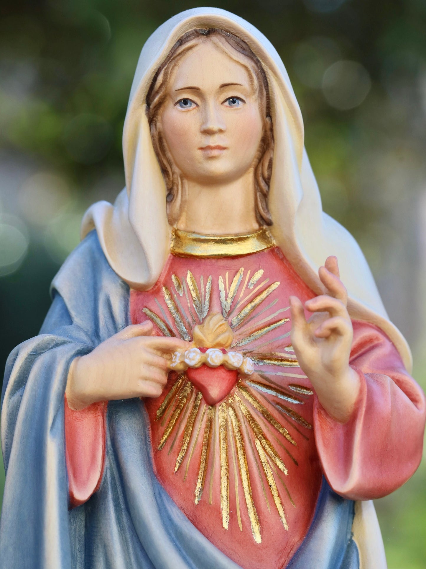 Estatua hecha a mano del Sagrado Corazón de Jesús y el Inmaculado Corazón de la Virgen María - 34 cm-13,4 pulgadas, pintada a mano, hecha de madera de tilo suave