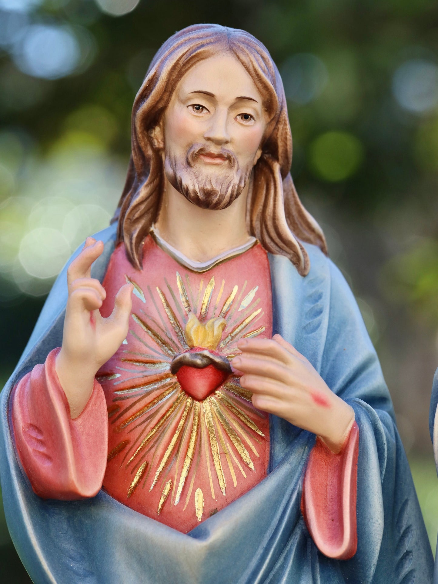 Estatua hecha a mano del Sagrado Corazón de Jesús y el Inmaculado Corazón de la Virgen María - 34 cm-13,4 pulgadas, pintada a mano, hecha de madera de tilo suave
