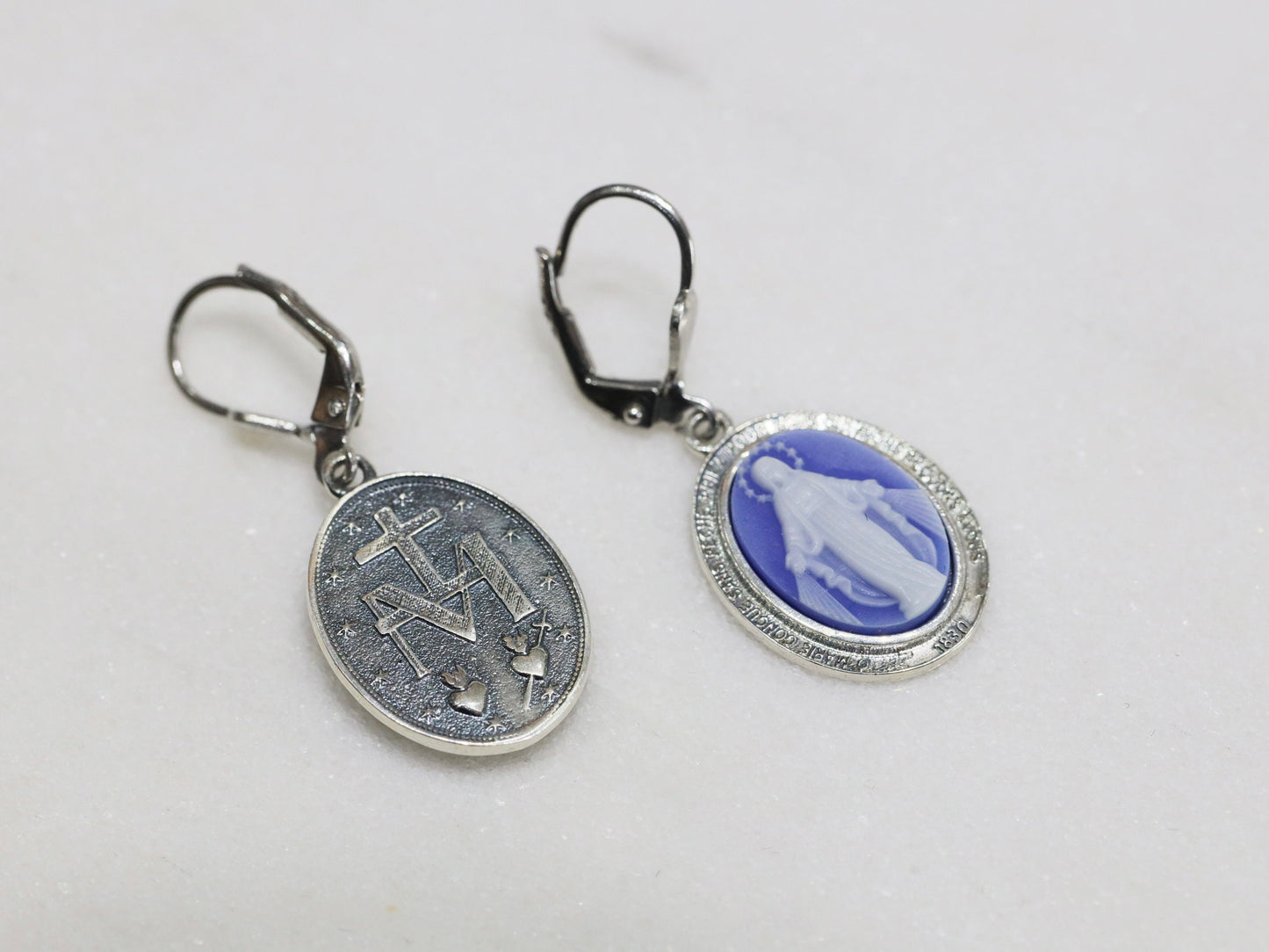 Pendientes estilo cameo de la Medalla Milagrosa de plata de primera ley, pendientes de la Virgen María para mujeres católicas,