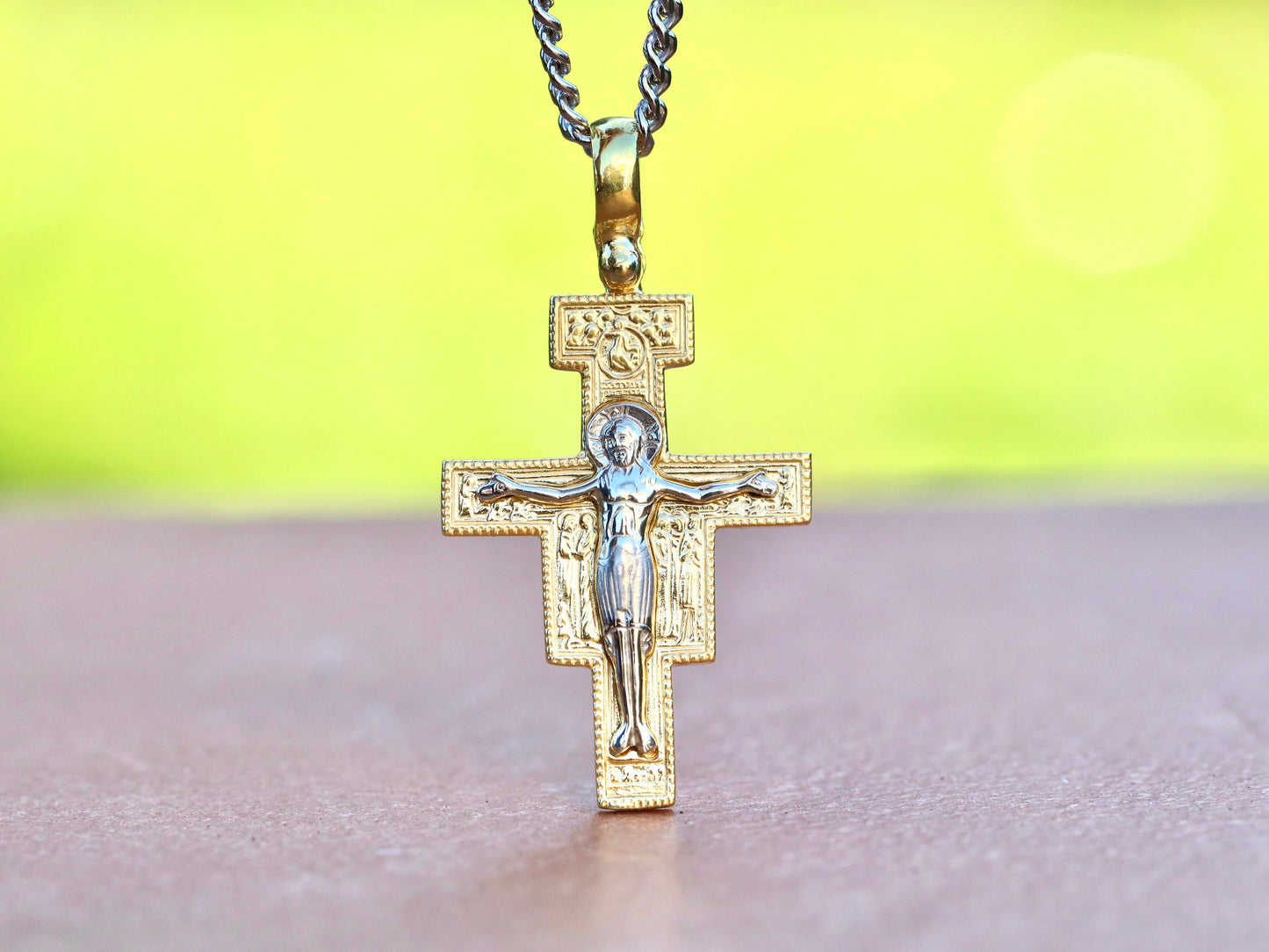 Cruz de San Damián de plata de primera ley 925 chapada en oro, cruz católica franciscana para hombre o mujer, cruz icono para católicos franciscanos