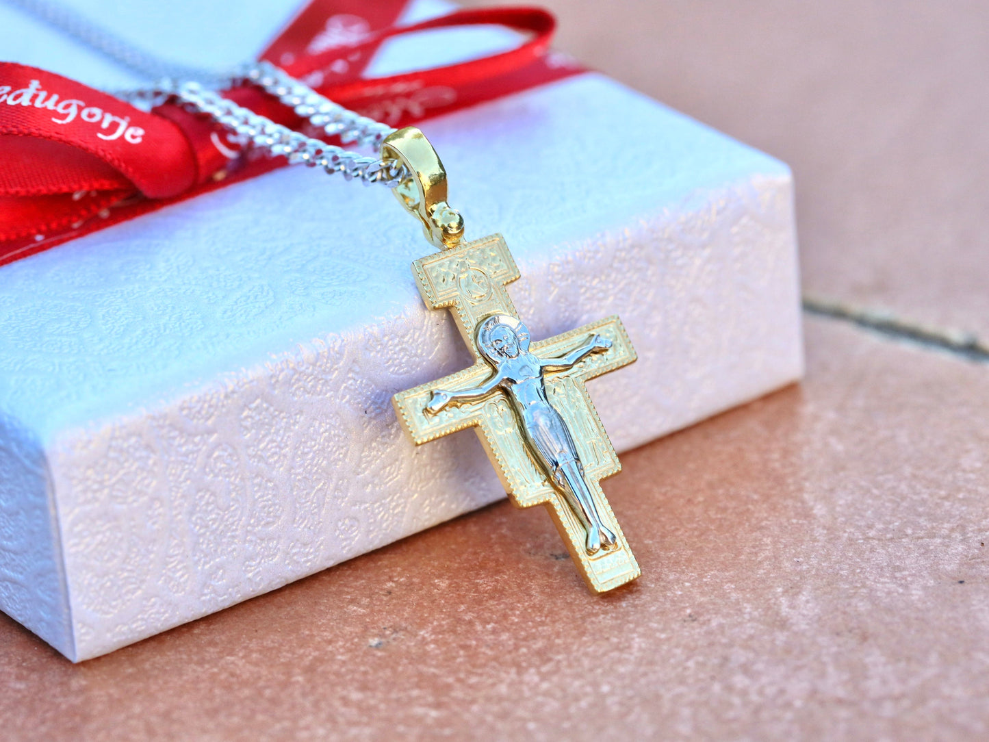 Cruz de San Damián de plata de primera ley 925 chapada en oro, cruz católica franciscana para hombre o mujer, cruz icono para católicos franciscanos