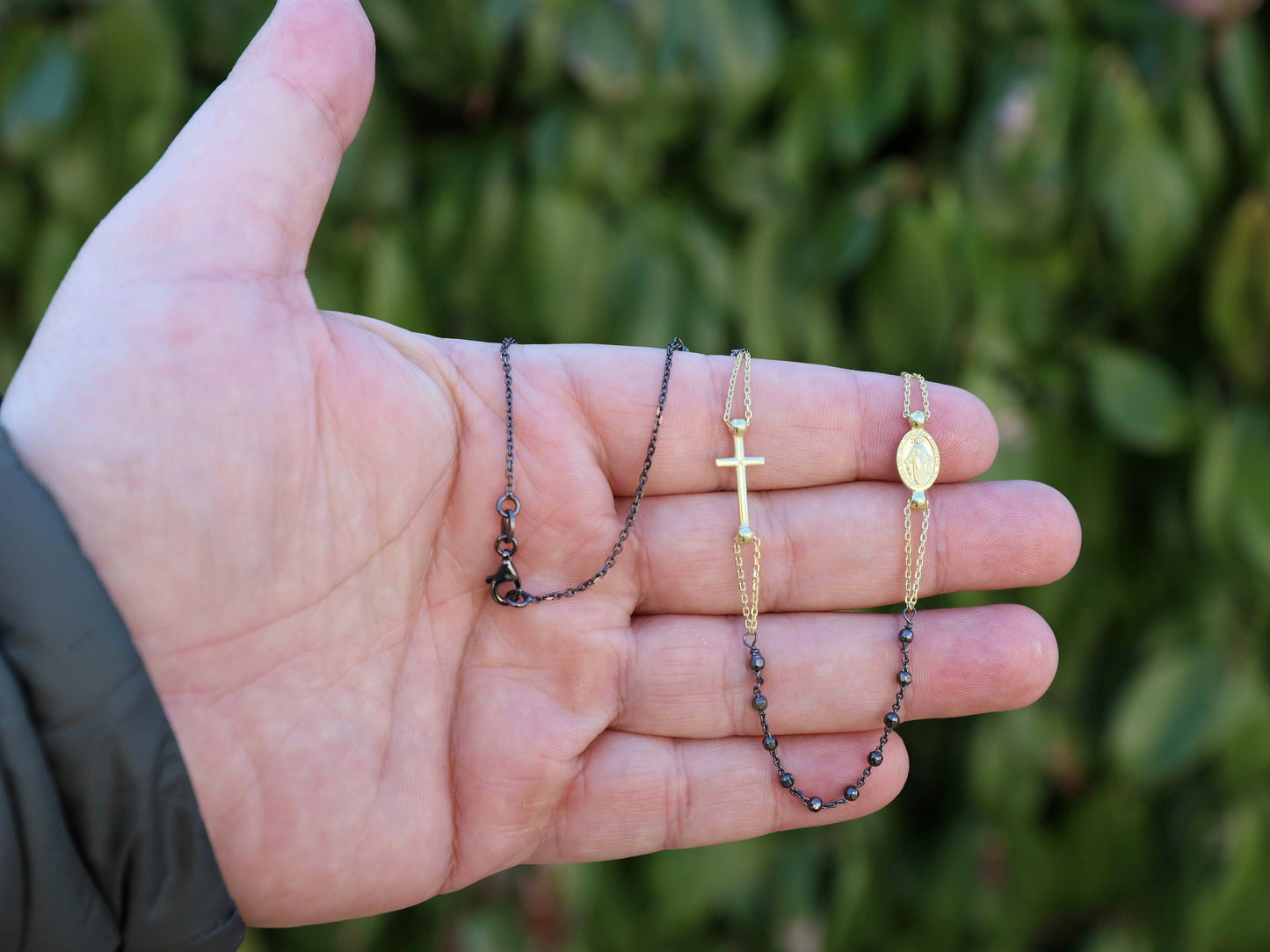 Impresionante collar de rosario católico con 3 décadas, cruz de oro y medalla milagrosa - plata de ley hecha a mano, collar de rosario redondo para mujer