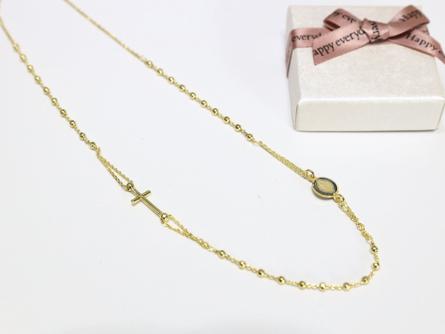Collar rosario de plata de ley de 45 cm - 18 pulgadas con medalla de San Benito, Collar chapado en oro para mujer católica con cruz y San Benito