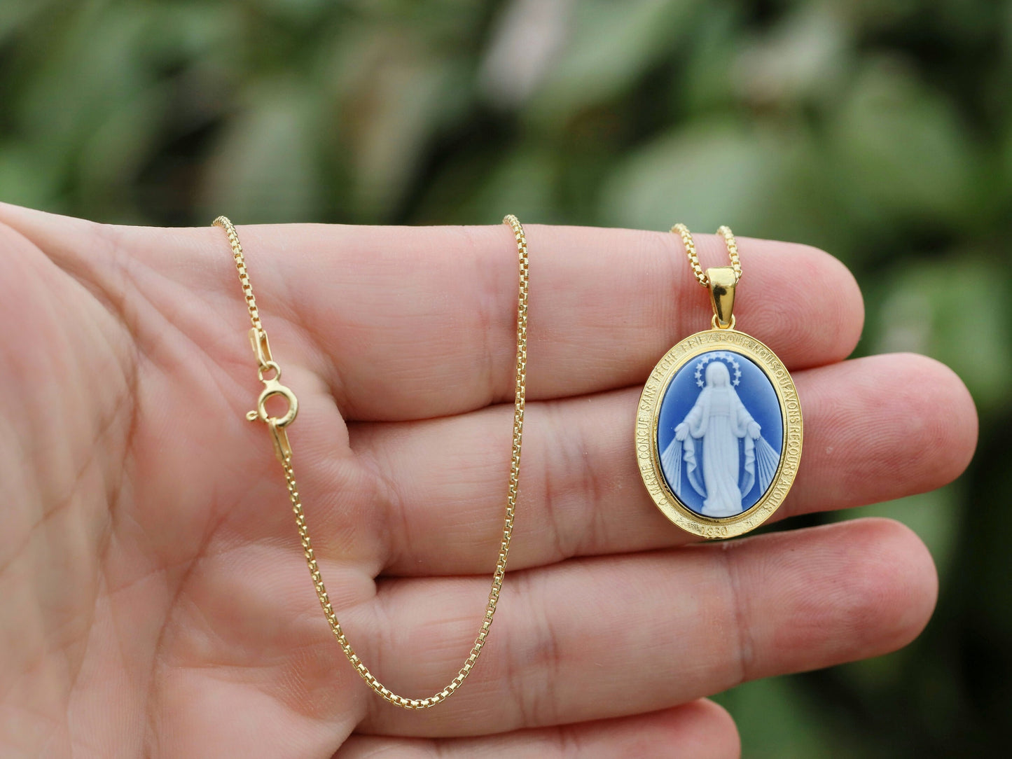 Colgante Cameo Medalla Milagrosa de tamaño mediano, plata de ley 925 18K chapado en oro colgante Virgen María, colgante Nuestra Señora para mujer católica