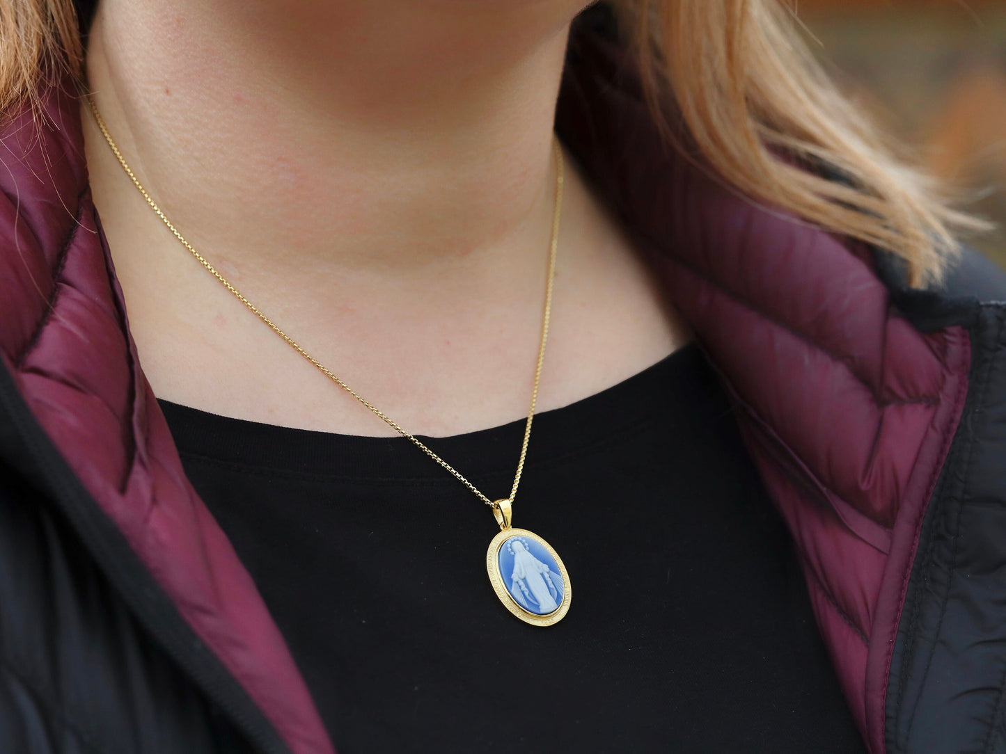 Colgante Cameo Medalla Milagrosa de tamaño mediano, plata de ley 925 18K chapado en oro colgante Virgen María, colgante Nuestra Señora para mujer católica