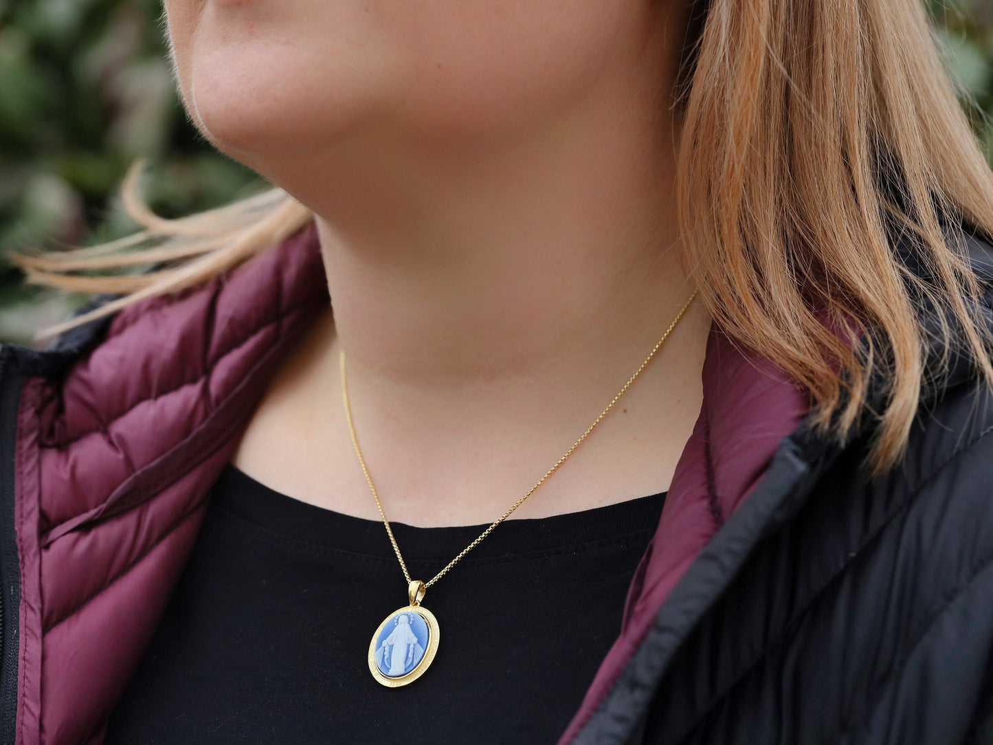 Colgante Cameo Medalla Milagrosa de tamaño mediano, plata de ley 925 18K chapado en oro colgante Virgen María, colgante Nuestra Señora para mujer católica