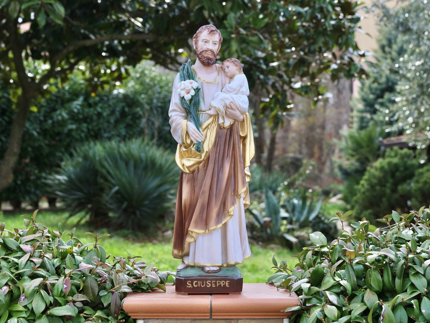 Estatua de San José con el Niño Jesús fundida de 60 cm, estatua de 23 pulgadas de San José con lirio, resina - estatua de polvo de mármol de San José con Jesús