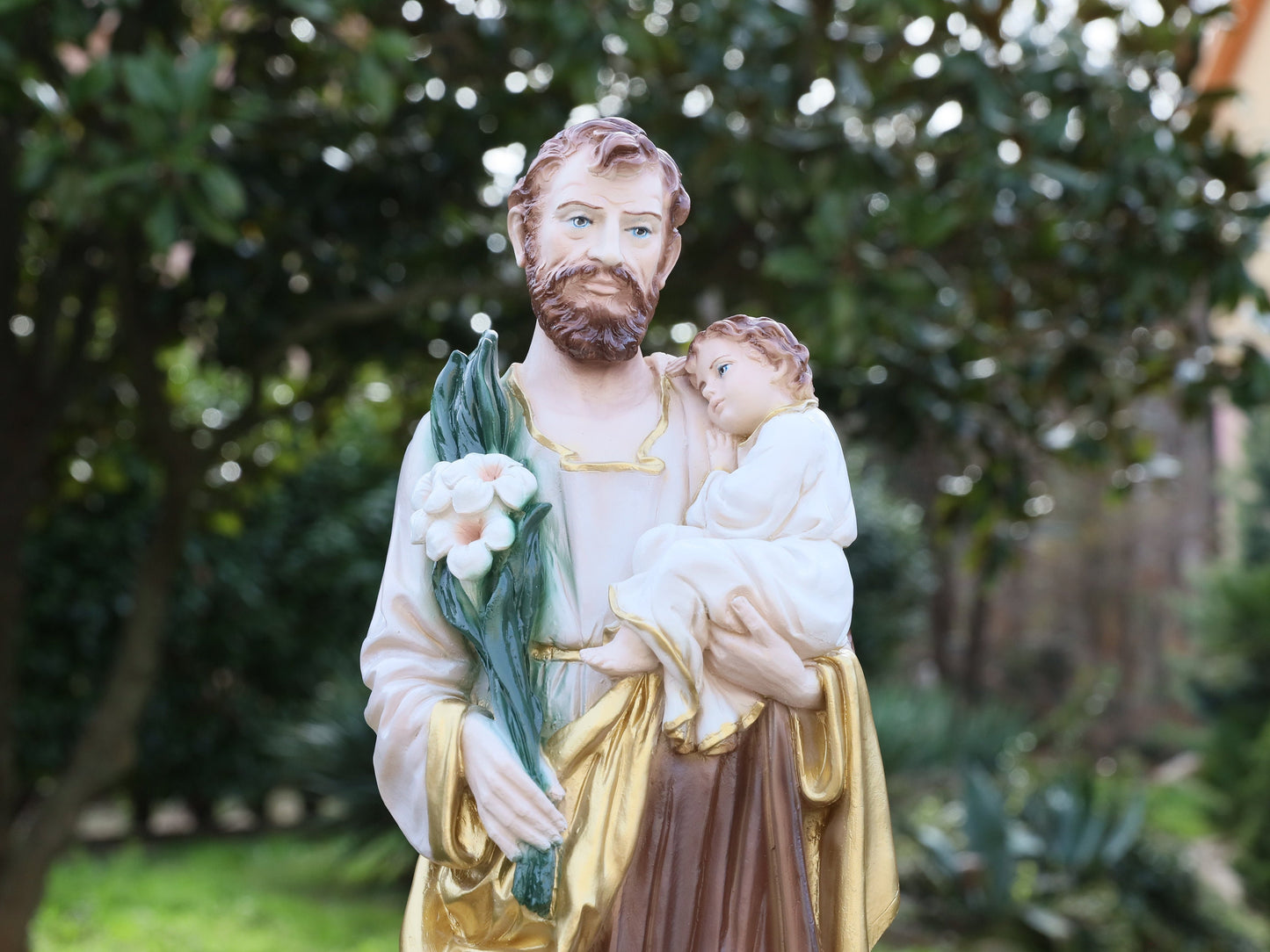 Estatua de San José con el Niño Jesús fundida de 60 cm, estatua de 23 pulgadas de San José con lirio, resina - estatua de polvo de mármol de San José con Jesús