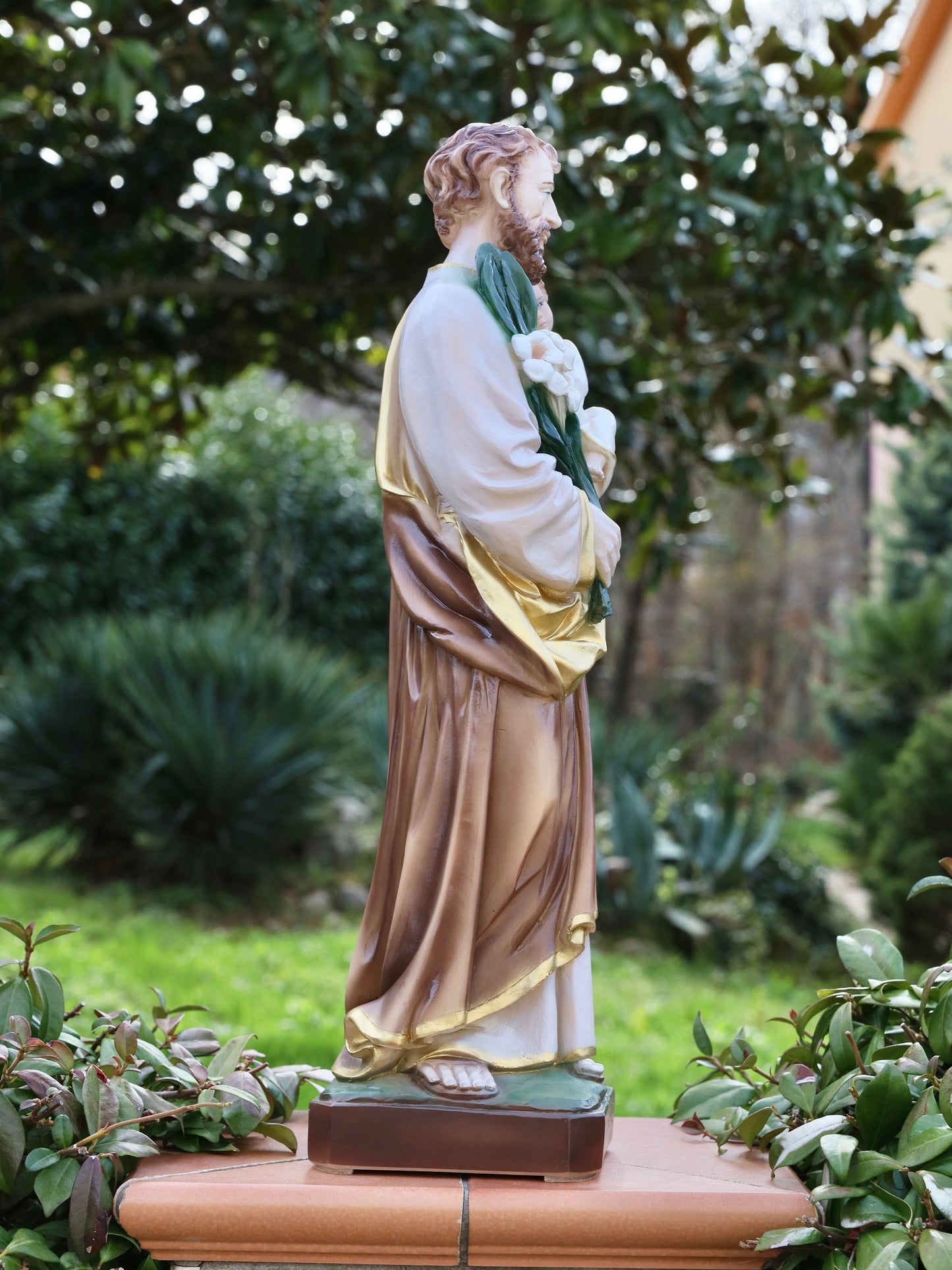 Estatua de San José con el Niño Jesús fundida de 60 cm, estatua de 23 pulgadas de San José con lirio, resina - estatua de polvo de mármol de San José con Jesús