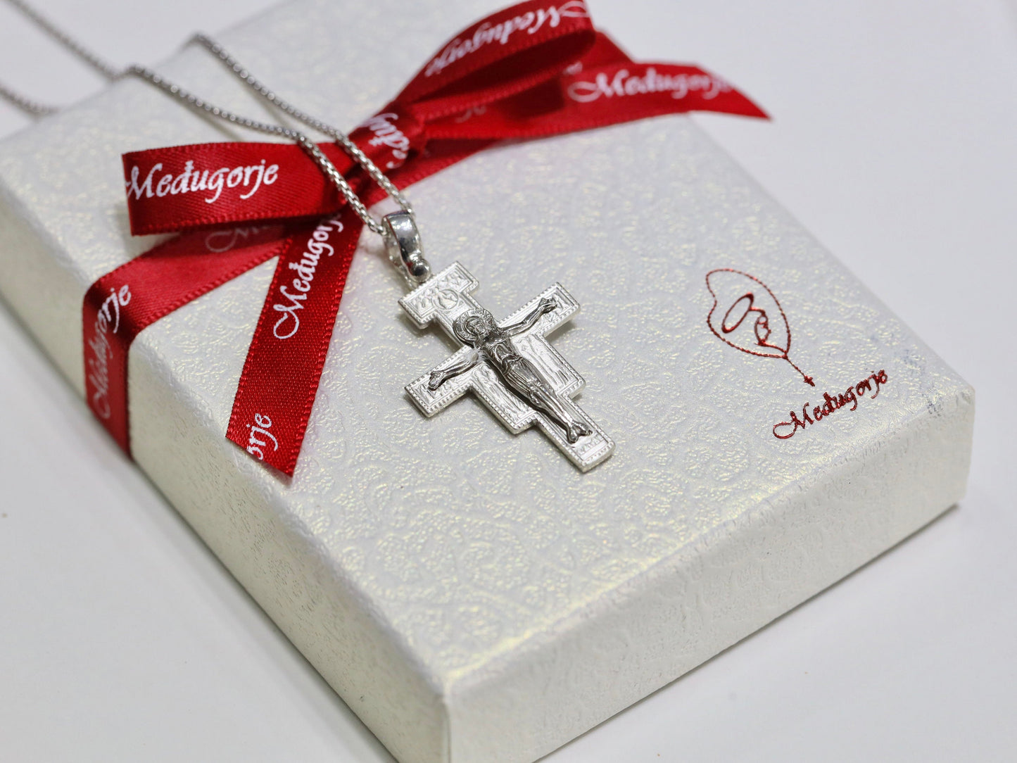 Colgante cruzado de plata de ley 925 de San Damián, colgante de icono de tamaño mediano de colgante crucifijo de San Francisco de Asís para hombre o mujer