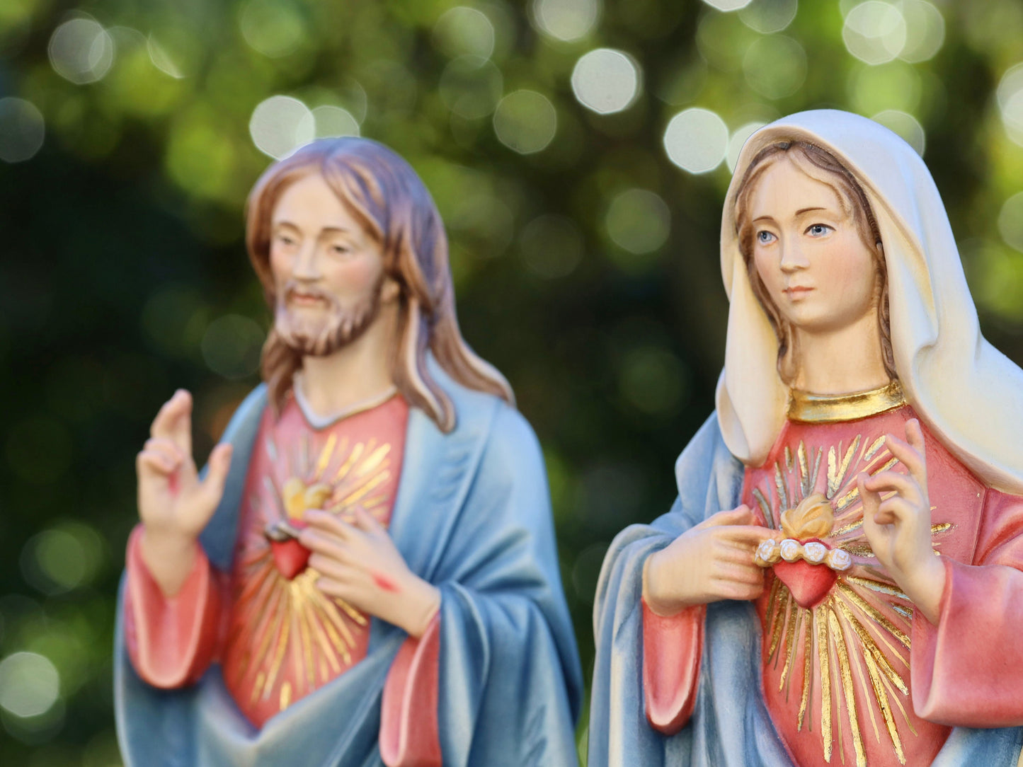Estatua hecha a mano del Sagrado Corazón de Jesús y el Inmaculado Corazón de la Virgen María - 34 cm-13,4 pulgadas, pintada a mano, hecha de madera de tilo suave