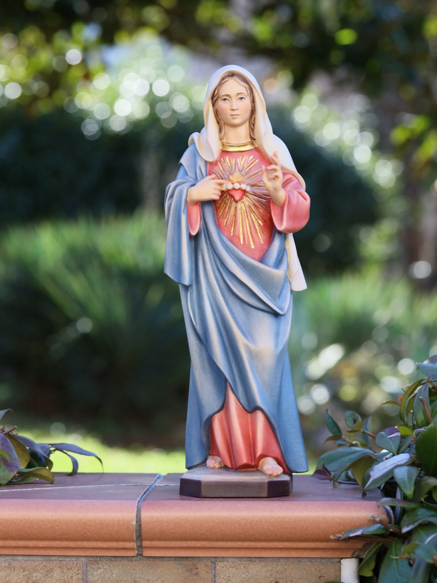 Estatua hecha a mano del Sagrado Corazón de Jesús y el Inmaculado Corazón de la Virgen María - 34 cm-13,4 pulgadas, pintada a mano, hecha de madera de tilo suave