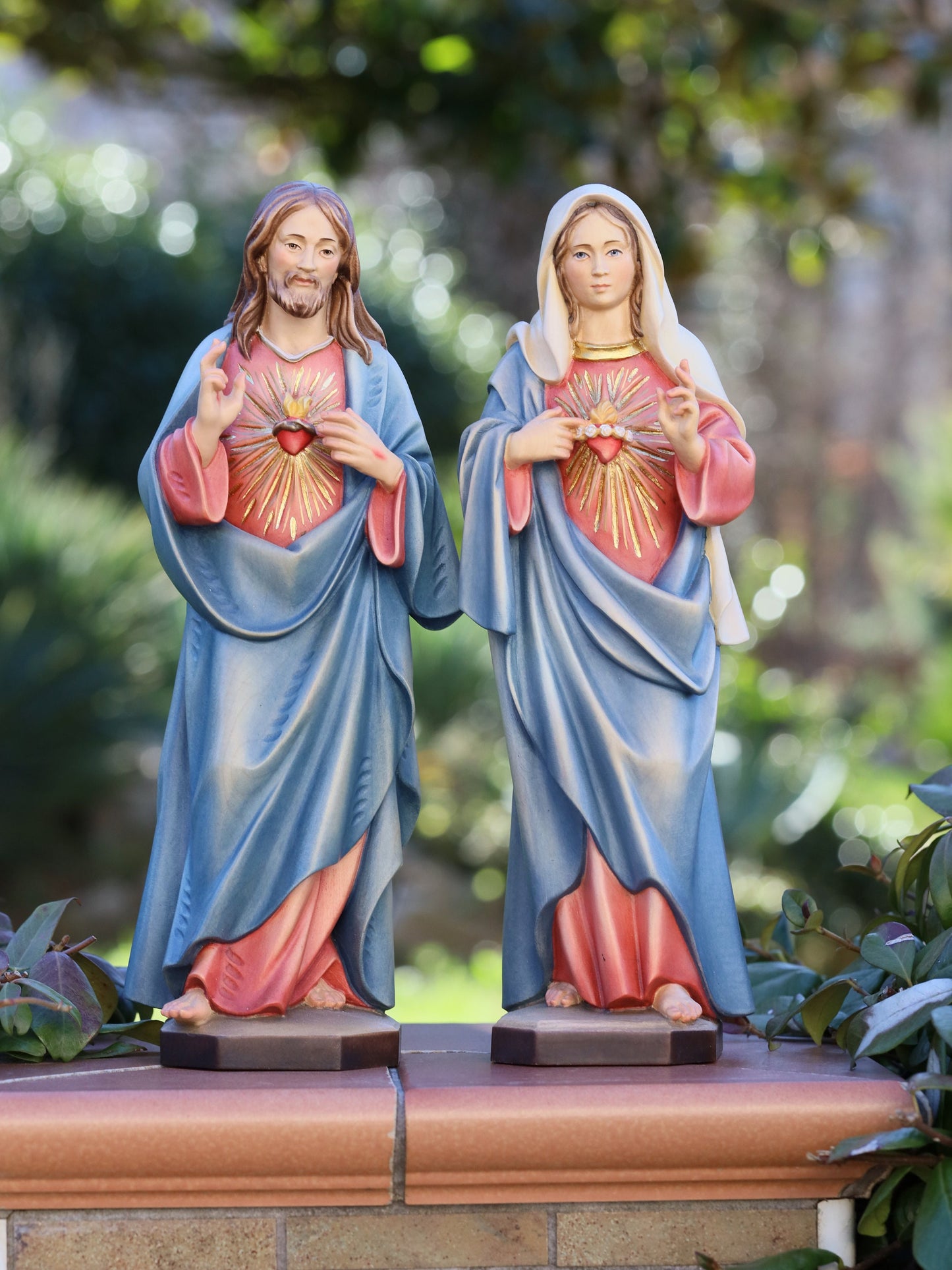 Estatua hecha a mano del Sagrado Corazón de Jesús y el Inmaculado Corazón de la Virgen María - 34 cm-13,4 pulgadas, pintada a mano, hecha de madera de tilo suave