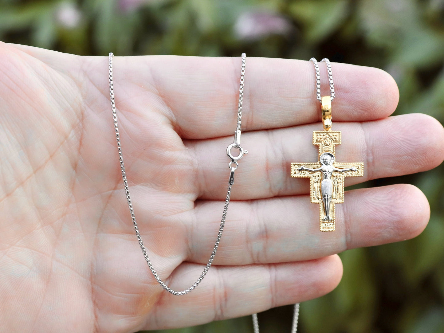 Cruz de San Damián de plata de primera ley 925 chapada en oro, cruz católica franciscana para hombre o mujer, cruz icono para católicos franciscanos