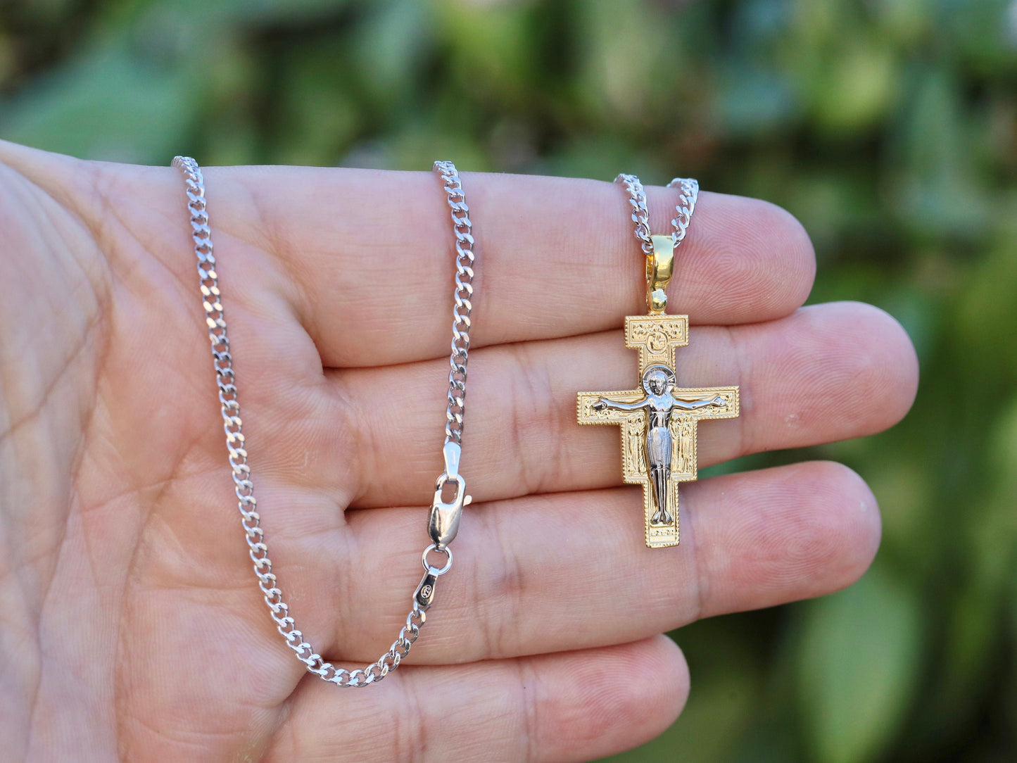 Cruz de San Damián de plata de primera ley 925 chapada en oro, cruz católica franciscana para hombre o mujer, cruz icono para católicos franciscanos