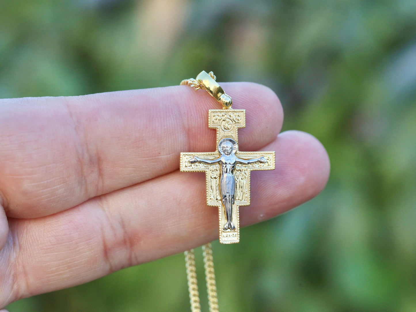 Cruz de San Damián de plata de primera ley 925 chapada en oro, cruz católica franciscana para hombre o mujer, cruz icono para católicos franciscanos