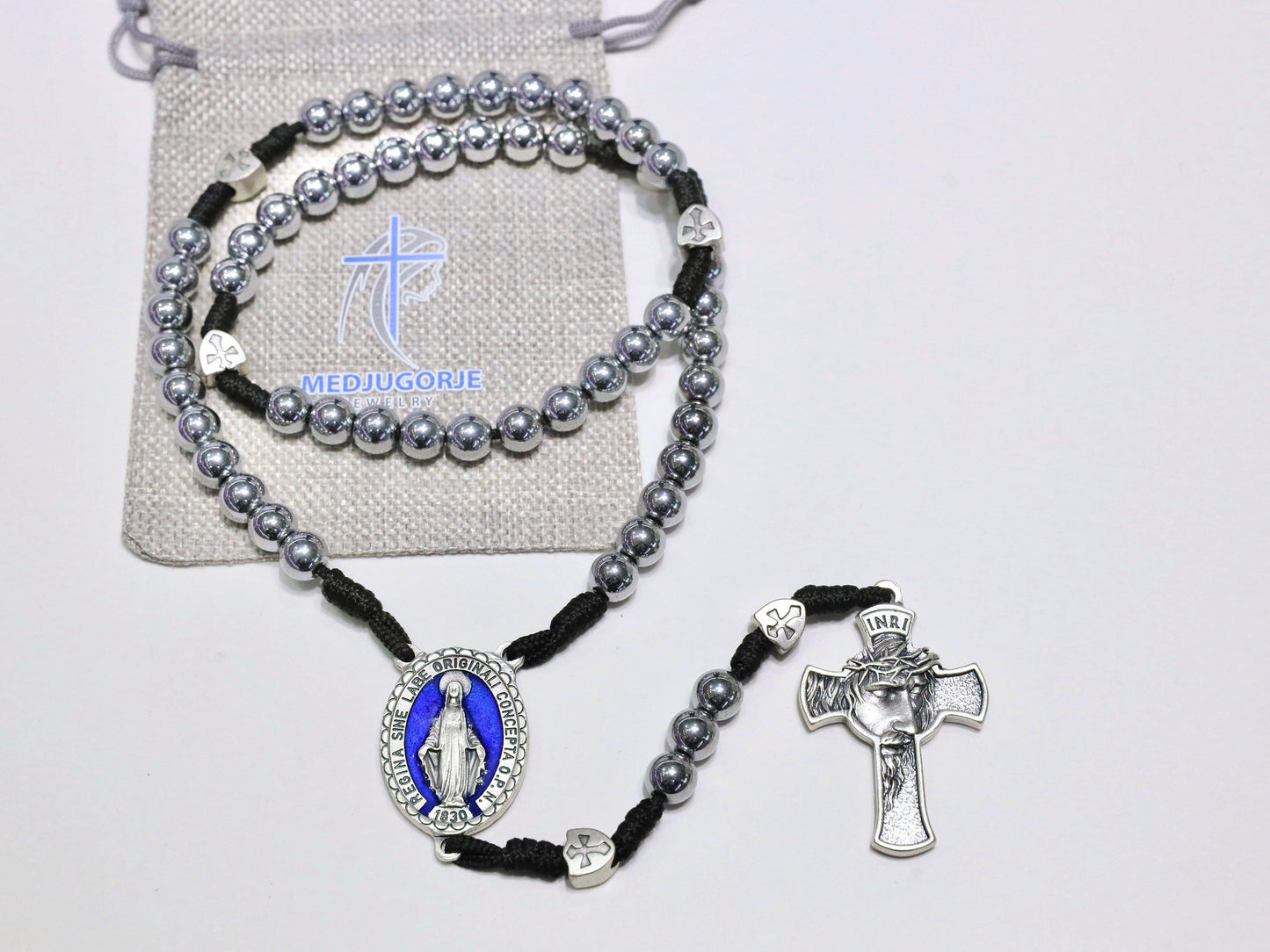 Rosario de piedra de hematita duradero en cuerda de Paracord - Gran Santísimo Rostro de Jesús - Medalla Milagrosa Azul - Fe y Protección