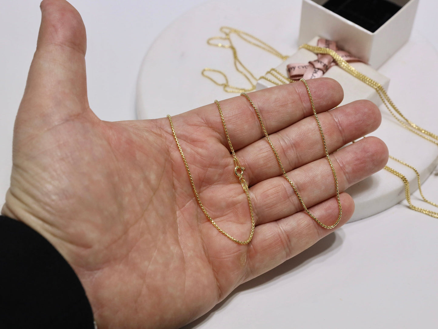 Cadena de caja redonda de plata de ley 925, cadena veneciana para mujer bañada en oro de 18 kt, collar de cadena de caja lisa, cadena redonda con anilla de resorte