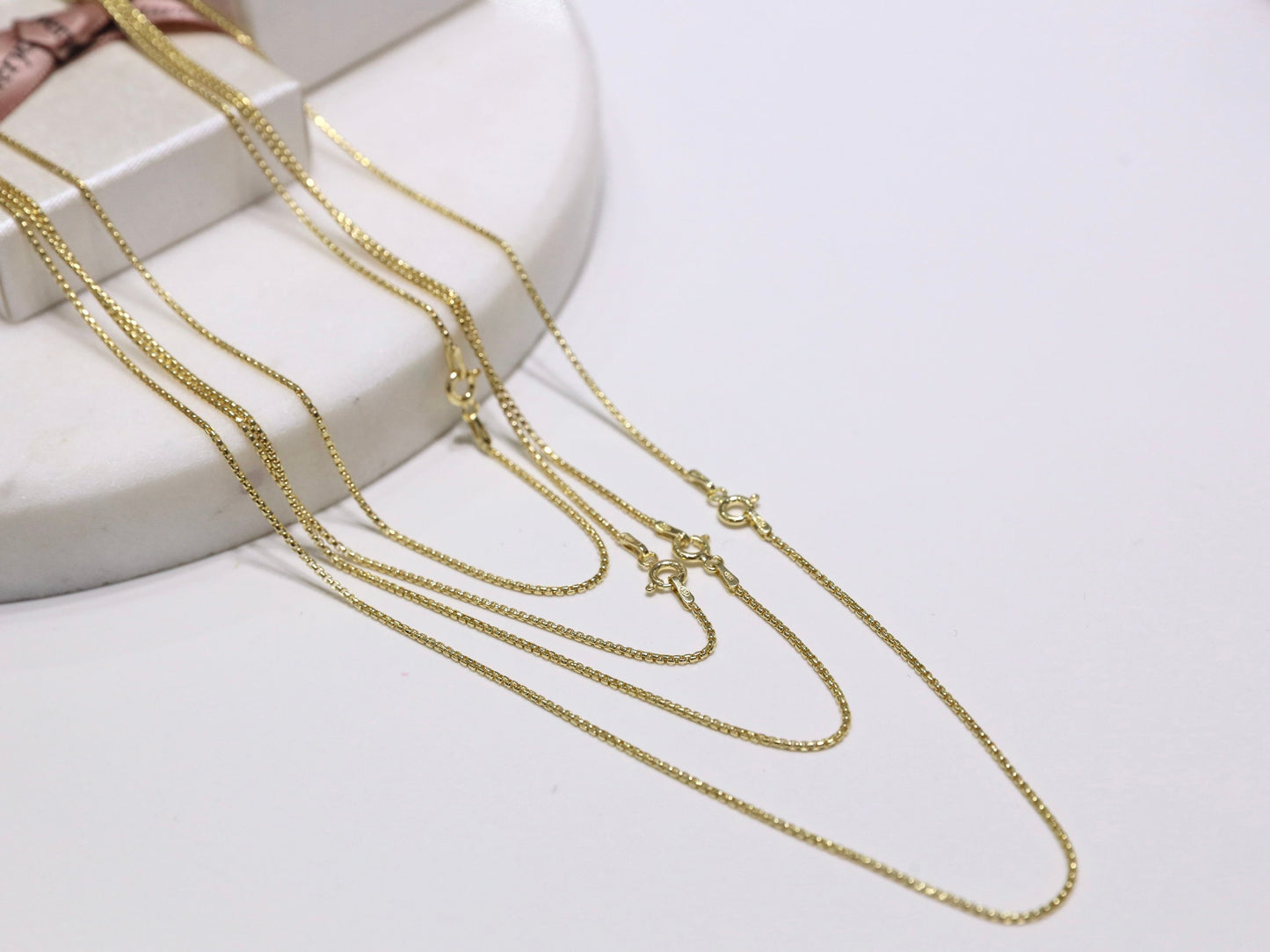 Cadena de caja redonda de plata de ley 925, cadena veneciana para mujer bañada en oro de 18 kt, collar de cadena de caja lisa, cadena redonda con anilla de resorte