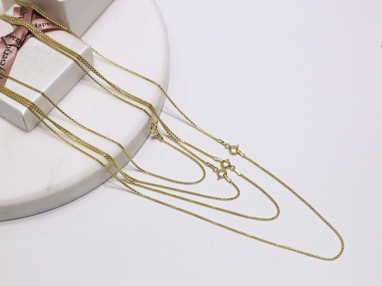 Cadena de caja redonda de plata de ley 925, cadena veneciana para mujer bañada en oro de 18 kt, collar de cadena de caja lisa, cadena redonda con anilla de resorte