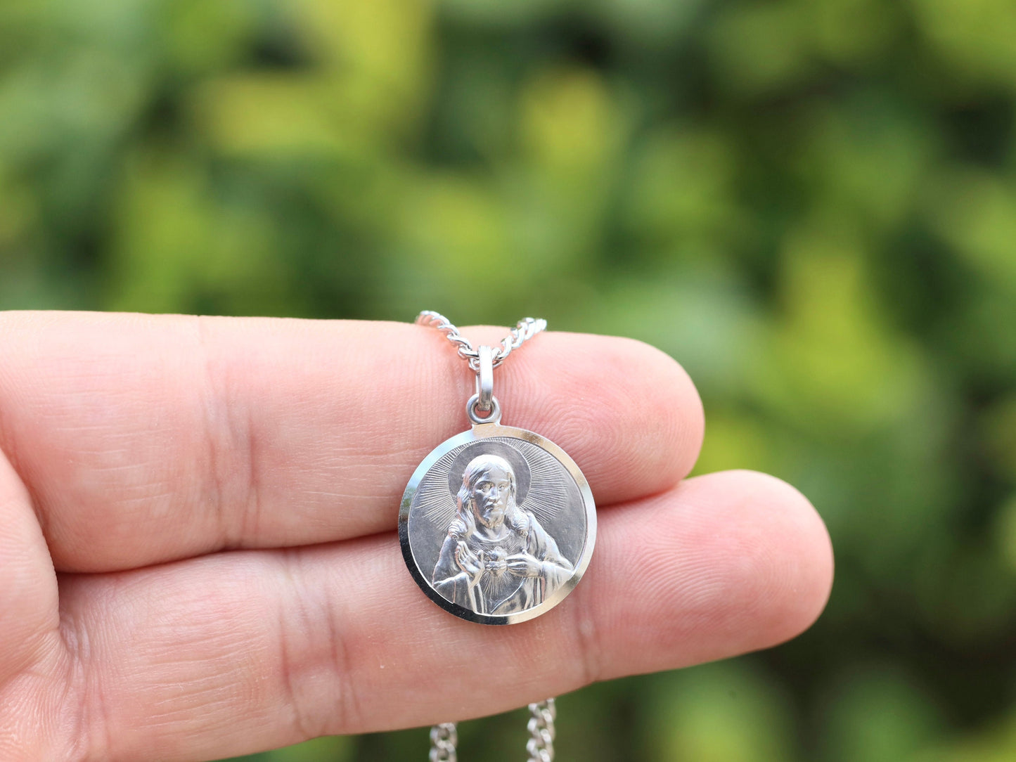 Medalla Escapulario de 19 mm, Escapulario redondo de plata de ley, medalla escapulario para hombre, Sagrado Corazón de Jesús con collar Nuestra Señora del Monte Carmelo