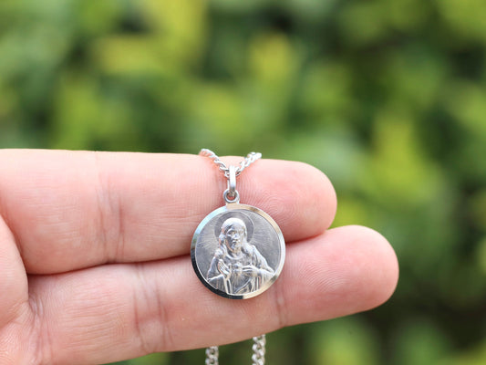 19 mm Scapulare medal, sterling silver round Scapular, scapular medal for man, Sacred Heart of Jesus with Our Lady of Mt Carmel necklace