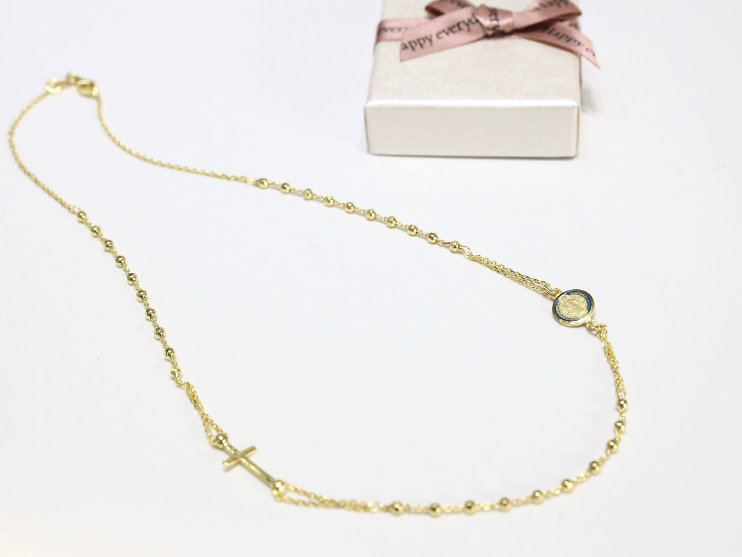 Collar rosario de plata de ley de 45 cm - 18 pulgadas con medalla de San Benito, Collar chapado en oro para mujer católica con cruz y San Benito