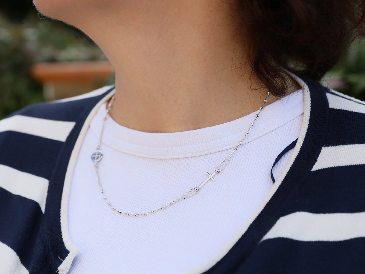 Collar de rosario de tres décadas de 18 pulgadas con medalla de San Benito, collar de plata de ley 925 para mujeres católicas, collar de cruz de San Benito