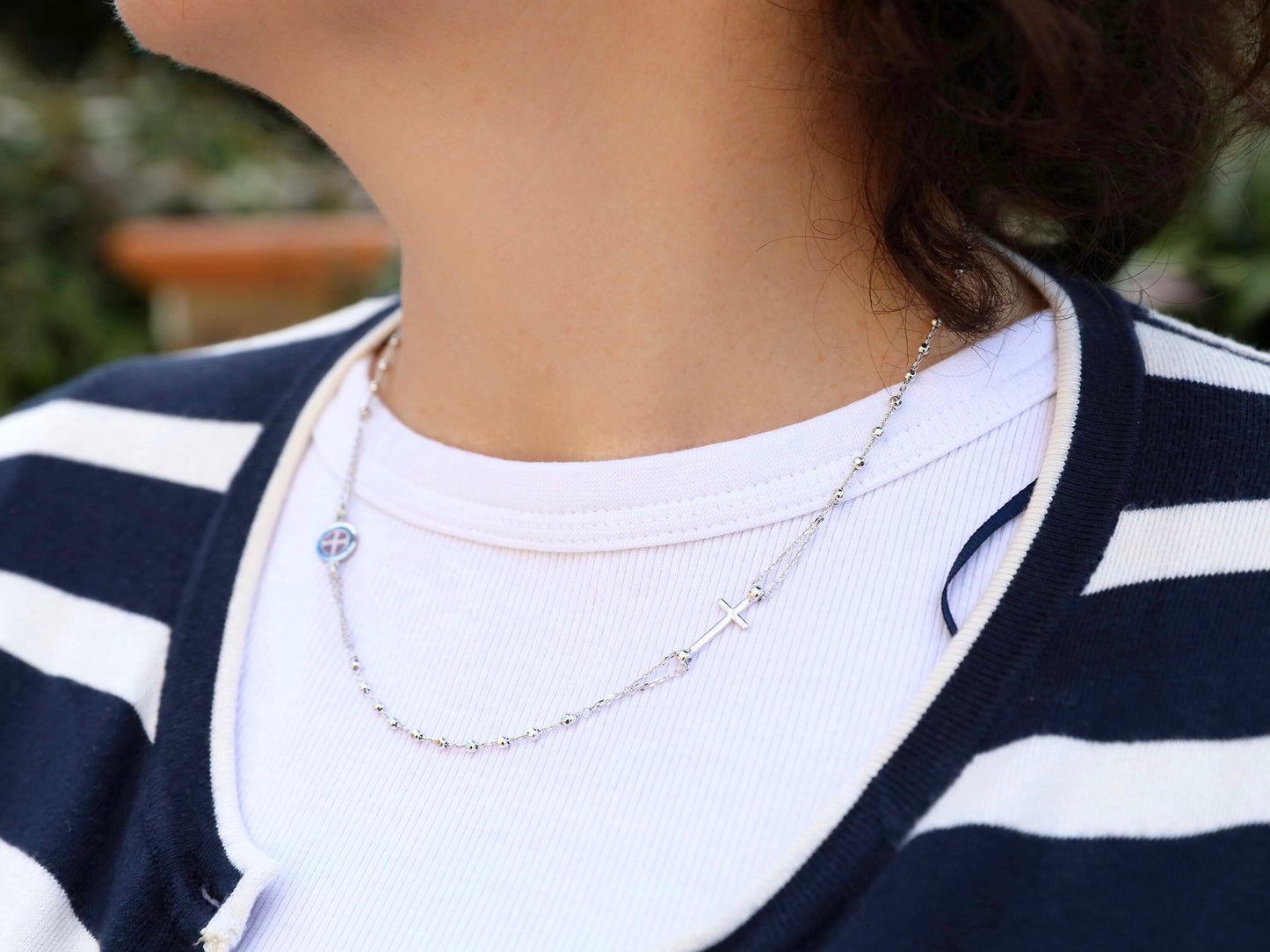 Collar de rosario de tres décadas de 18 pulgadas con medalla de San Benito, collar de plata de ley 925 para mujeres católicas, collar de cruz de San Benito
