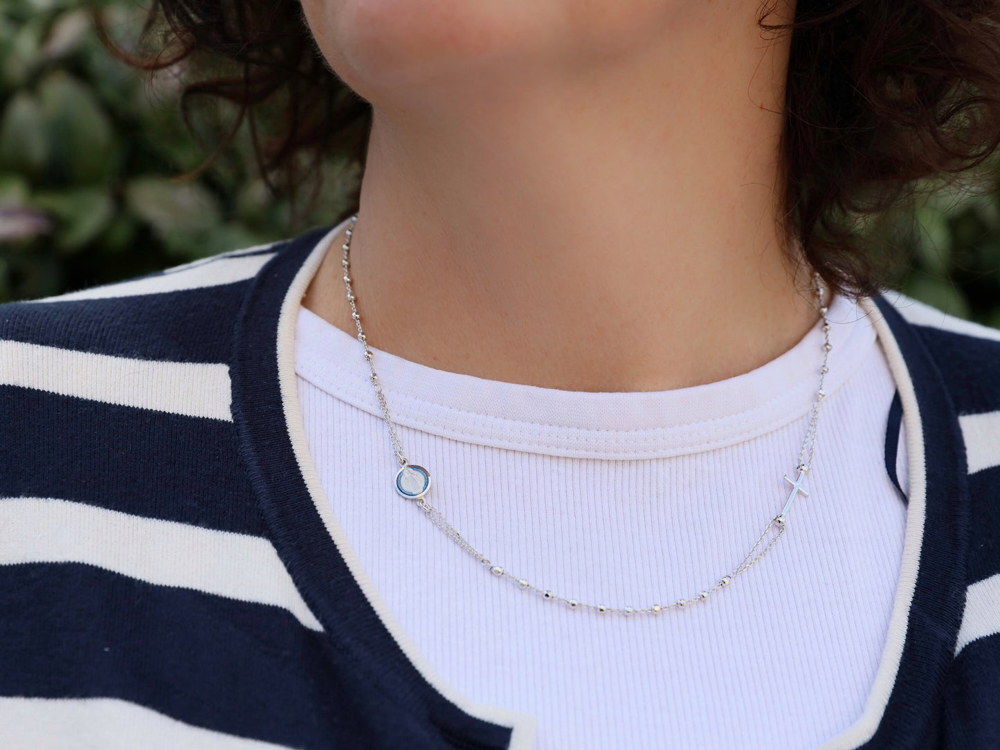 Collar de rosario de tres décadas de 18 pulgadas con medalla de San Benito, collar de plata de ley 925 para mujeres católicas, collar de cruz de San Benito