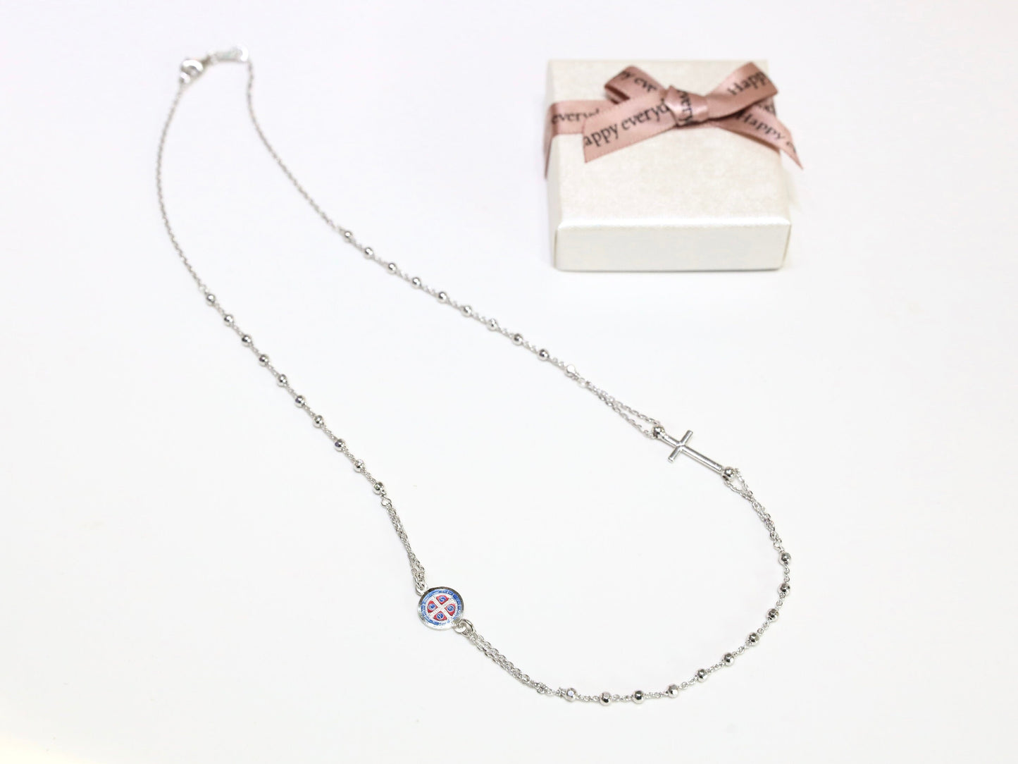 Collar de rosario de tres décadas de 18 pulgadas con medalla de San Benito, collar de plata de ley 925 para mujeres católicas, collar de cruz de San Benito