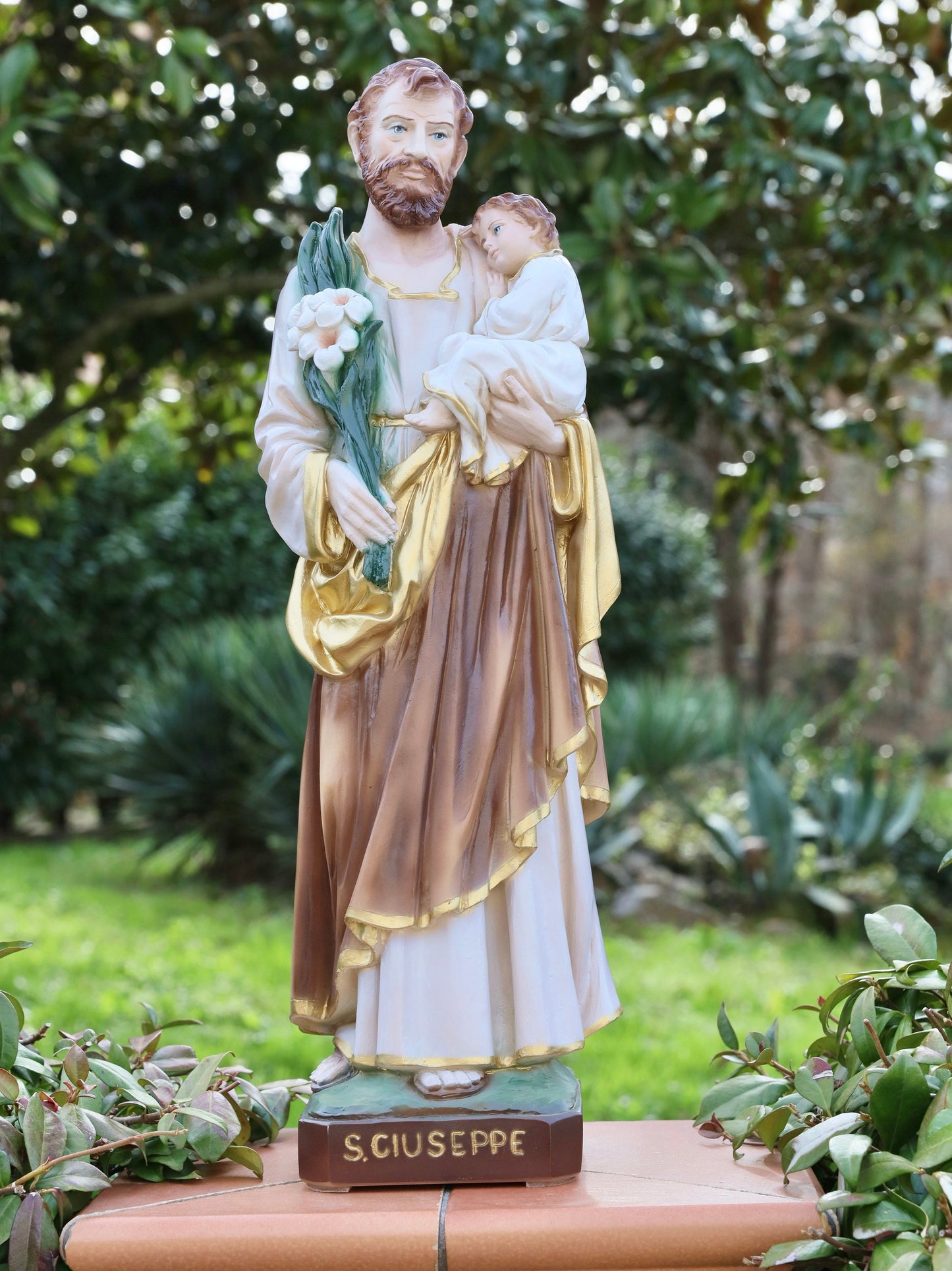 Estatua de San José con el Niño Jesús fundida de 60 cm, estatua de 23 pulgadas de San José con lirio, resina - estatua de polvo de mármol de San José con Jesús