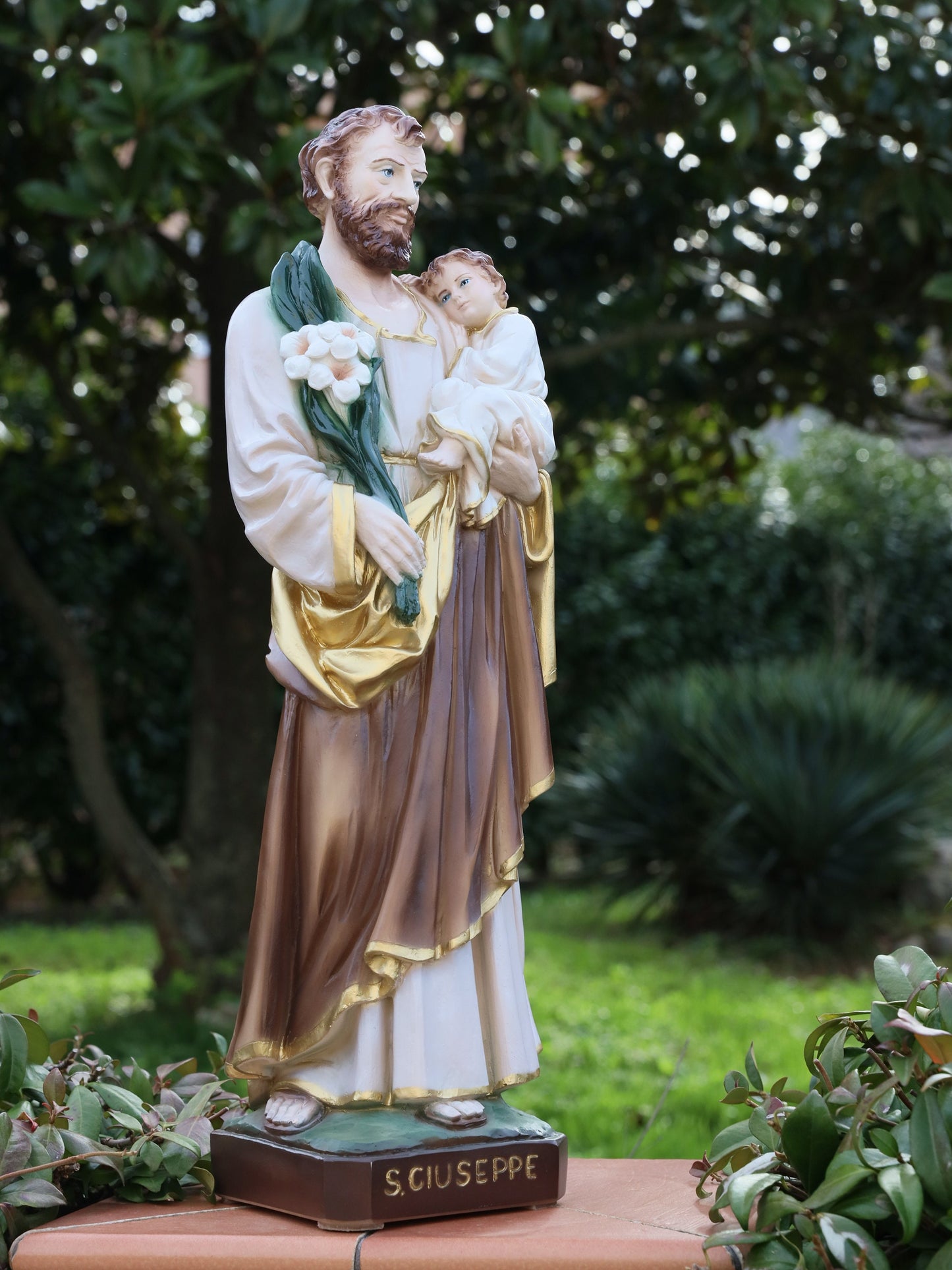 Estatua de San José con el Niño Jesús fundida de 60 cm, estatua de 23 pulgadas de San José con lirio, resina - estatua de polvo de mármol de San José con Jesús