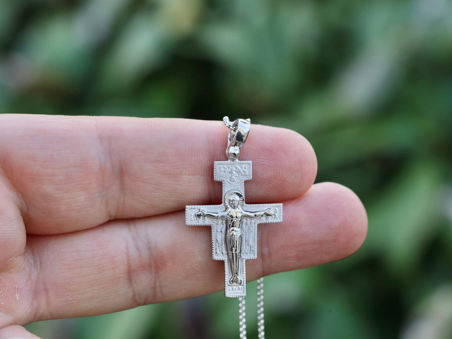 Colgante cruzado de plata de ley 925 de San Damián, colgante de icono de tamaño mediano de colgante crucifijo de San Francisco de Asís para hombre o mujer